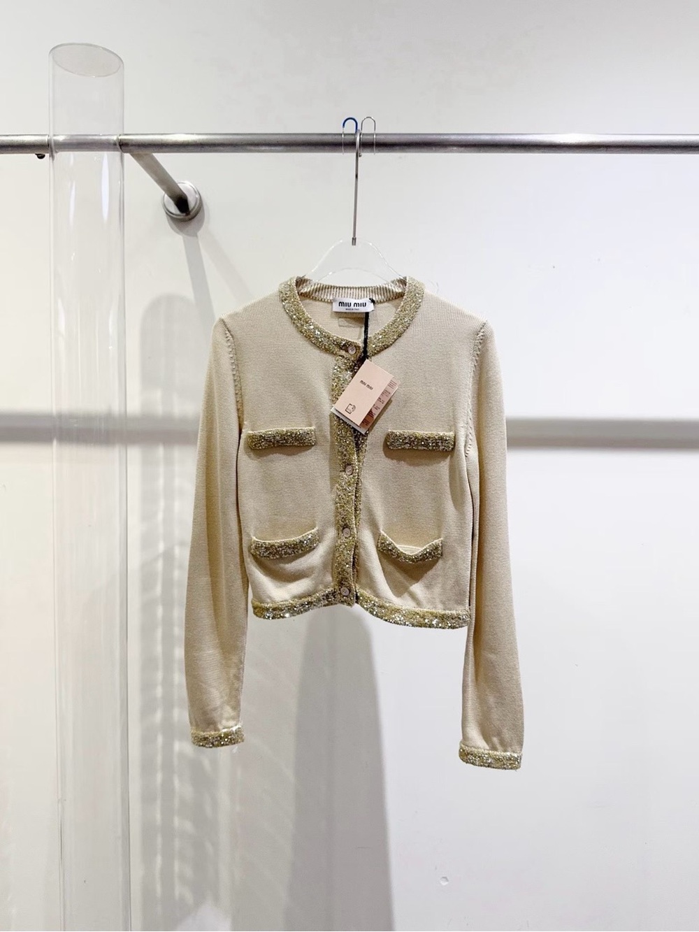 Miu Miu Cream Knit Top with Gold Sequin Collar